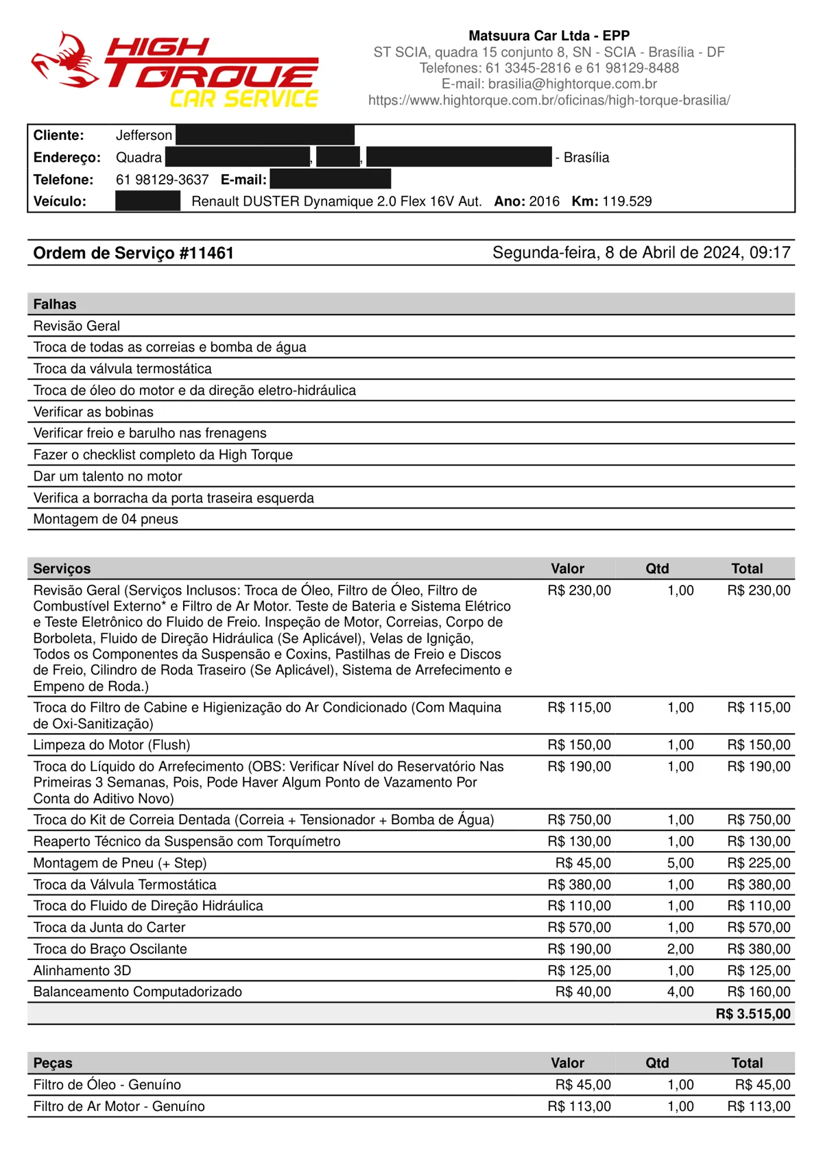 Nota da High Torque com 4 pneus e revisão geral, abril de 2024, R$ 9.616